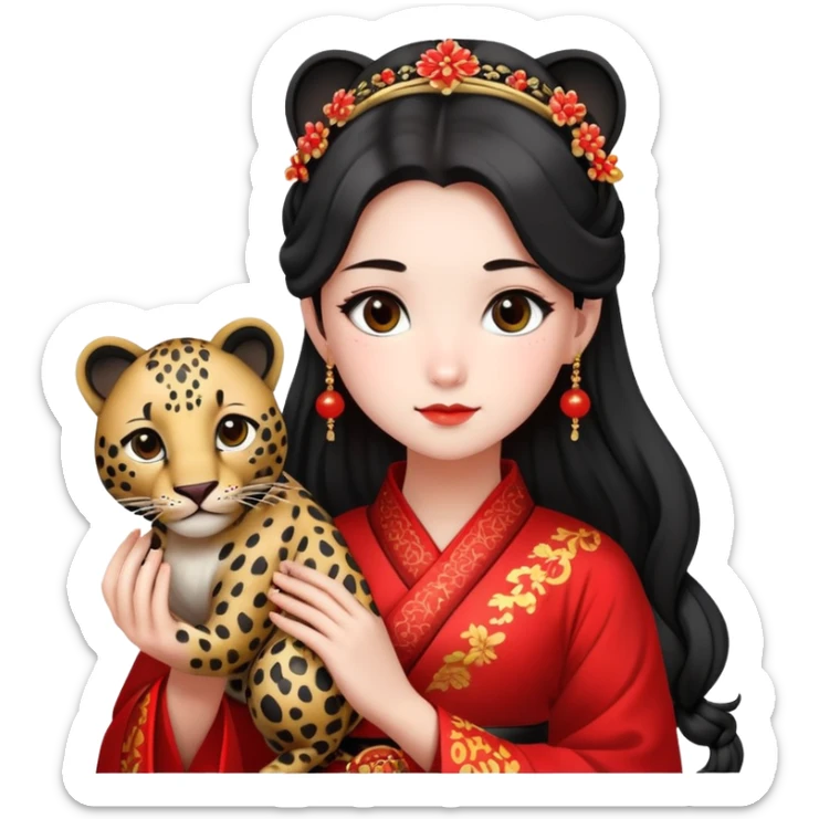 A beautiful girl in red Hanfu wedding dress is holding a black leopard sticker