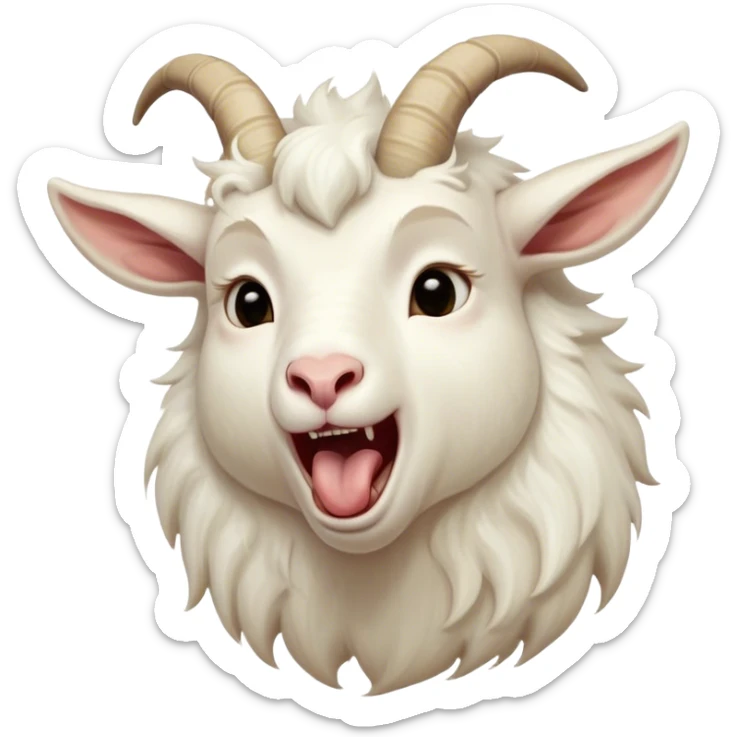 Cinematic Cute Yawning White Goat Portrait Emoji, Head tilted slightly with a dramatic, wide-open yawn, showcasing a soft, downy white fur with delicate horns and gently drooping ears, round eyes barely open in drowsy contentment, Simplified yet irresistibly adorable features, highly detailed, glowing with a soft, cozy glow, high shine, relaxed yet expressive, stylized with a touch of whimsy, bright and endearing, soft glowing outline, capturing the essence of a sleepy yet affectionate goat, so drowsy it feels like it could stretch out of the screen and curl up for a nap! sticker