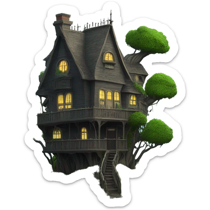 Fantastic fantasy haunted Addams family treehouse hotel overgrown  sticker