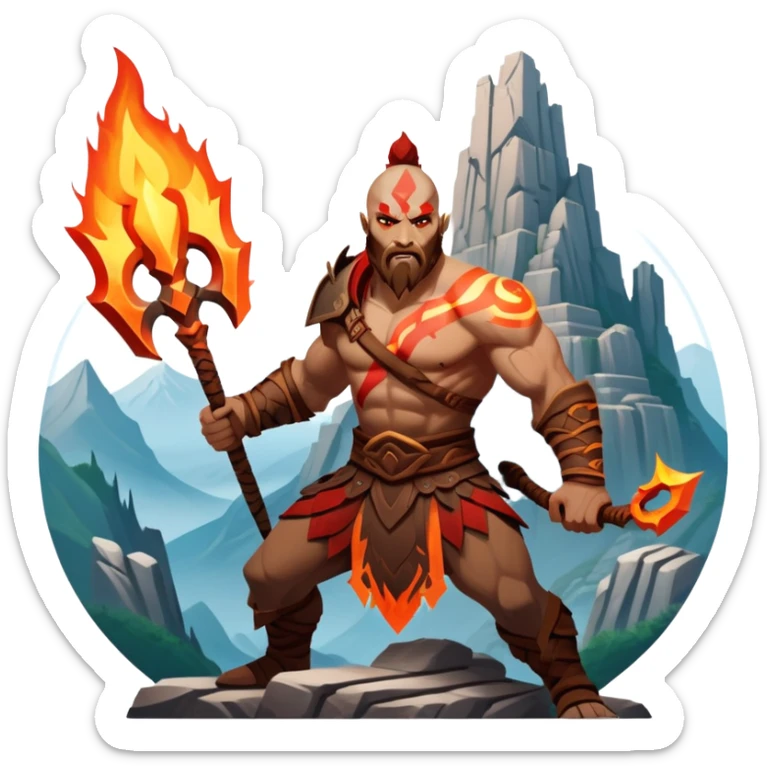 An icon showing a powerful warrior wielding a weapon, inspired by God of War: Ragnarok. The design captures the character’s strength, with dynamic motion lines. A fiery, mythological background with mountains and ruins enhances the epic atmosphere. Transparent background. sticker