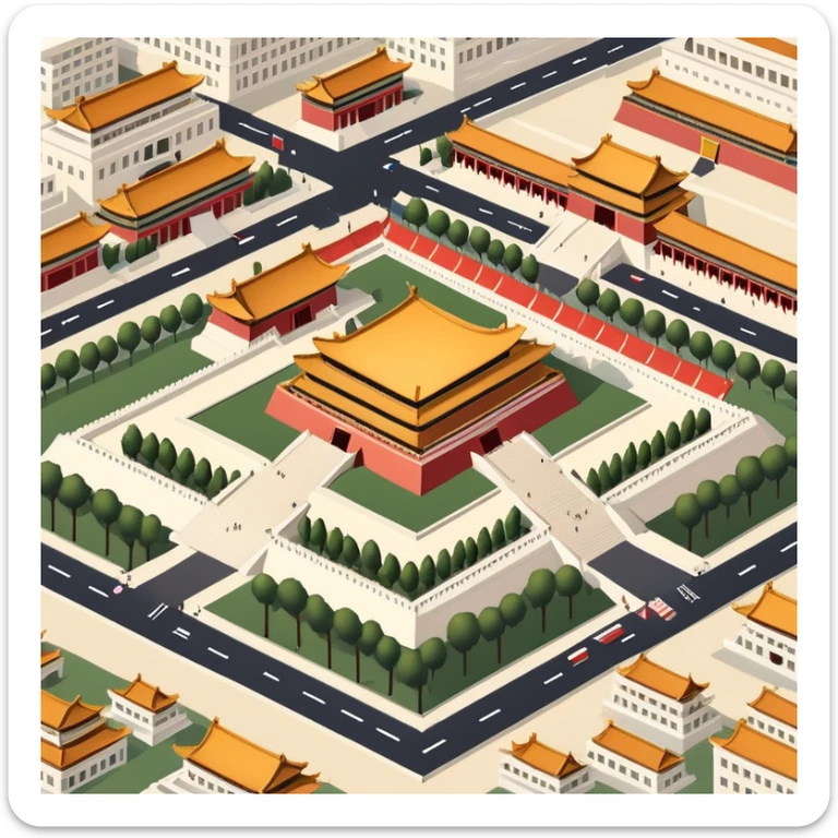 Tiananmen Square, Beijing, Chinese architecture, sunny day, travel illustration sticker