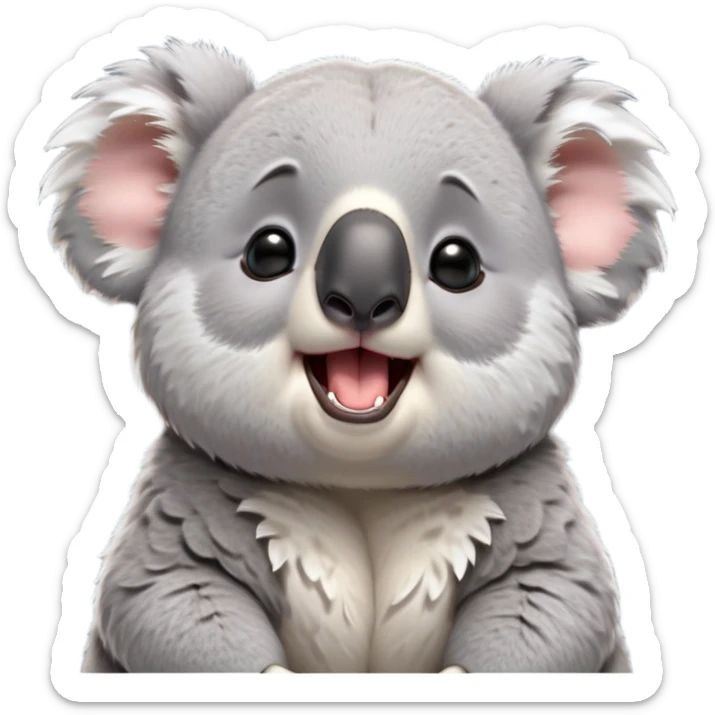 cinematic-cute-yawning-fluffy koala-portrait-emoji,-head-tilted-slightly-with-a-dramatic,-wide-open-yawn,-showcasing-a-soft,-downy-grey-fur-with-drooping-ears-and-round-eyes-barely-open-in-drowsy-contentment,-simplified-yet-irresistibly-adorable, realistic fluffy sticker