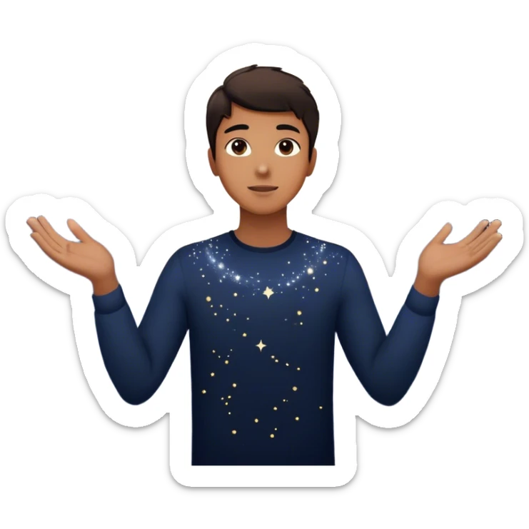 A young man in a vast, dark starry universe, surrounded by floating particles of light space. Each particle represents his personal universe. He reaches out, touching one, knowing that everything he does stays in this space forever. universe around him sticker