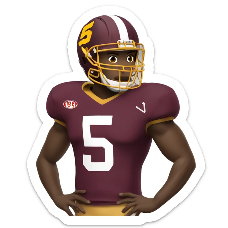 football player, wearing maroon and gold jersey, number 5 sticker