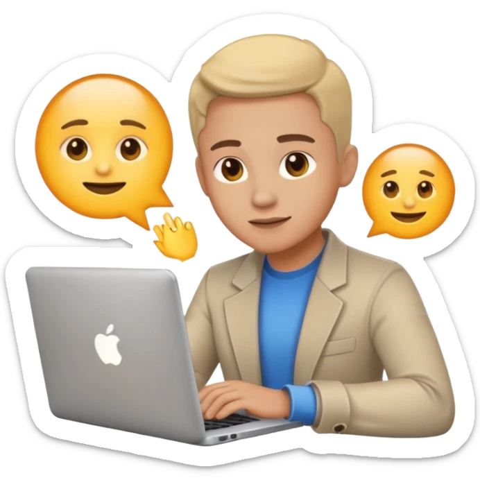 Focused online entrepreneur with laptop and phone, light glow, clean emoji style, simple background sticker