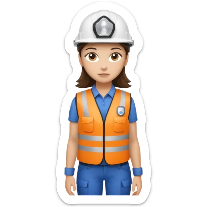 Brunette brown Girl full body standing with her white security helmet and security vest on sticker