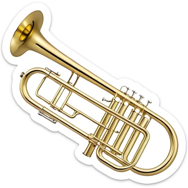 Create an elegant and detailed emoji representing the Bach Bb/F tenor trombone. The design should feature the smooth, shiny brass body of the trombone, showcasing its large, flared bell and curved tubing. Highlight the tuning slide with its polished metal finish, and the mouthpiece should be clearly visible. The trombone’s surface should have a gleaming brass tone with subtle silver accents around the mouthpiece and slide. Add a few musical notes or soundwaves emanating from the bell to emphasize the powerful sound of the trombone. Use golden and brass tones with reflective light effects to enhance the trombone’s professional and high-quality appearance. The background should be transparent. sticker