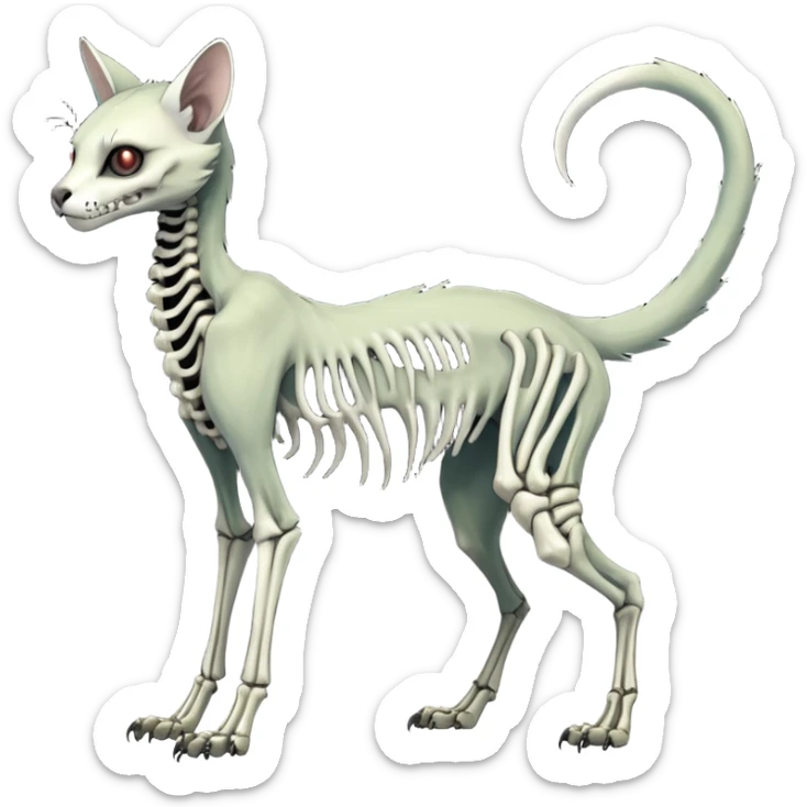 long-snouted evil zombie-like swampy ghostly dull spectral edgy spooky bloody meager thin cool beautiful skeleton-fantasy-caracal-civet-genet-sergal-vernid-Gryphon-Cacomistle-Trico-oncilla-animal-Fakémon-hybrid-fursona (full body) sticker