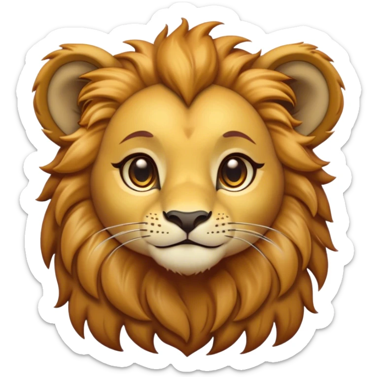 Cinematic Cute Lion Cub Portrait Emoji, Head tilted playfully and inquisitively, featuring a glossy tawny Fur with a lush mane and round, sparkling amber eyes filled with curious mischief, Simplified yet irresistibly adorable features, highly detailed, glowing with a warm, friendly glow, high shine, affectionate and spirited, stylized with a touch of jungle whimsy, bright and endearing, soft glowing outline, capturing the essence of a mischievous yet loving Lion Cub, so playful it feels like it could pounce out of the screen and into your arms! sticker