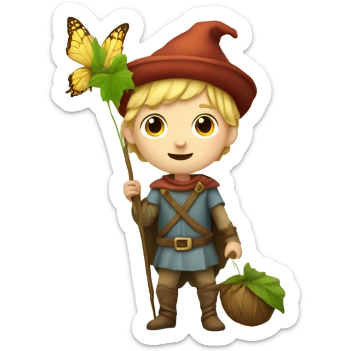 Medieval little whimsical little boy who is pale and he has a leaf hat and is riding a butterfly sticker