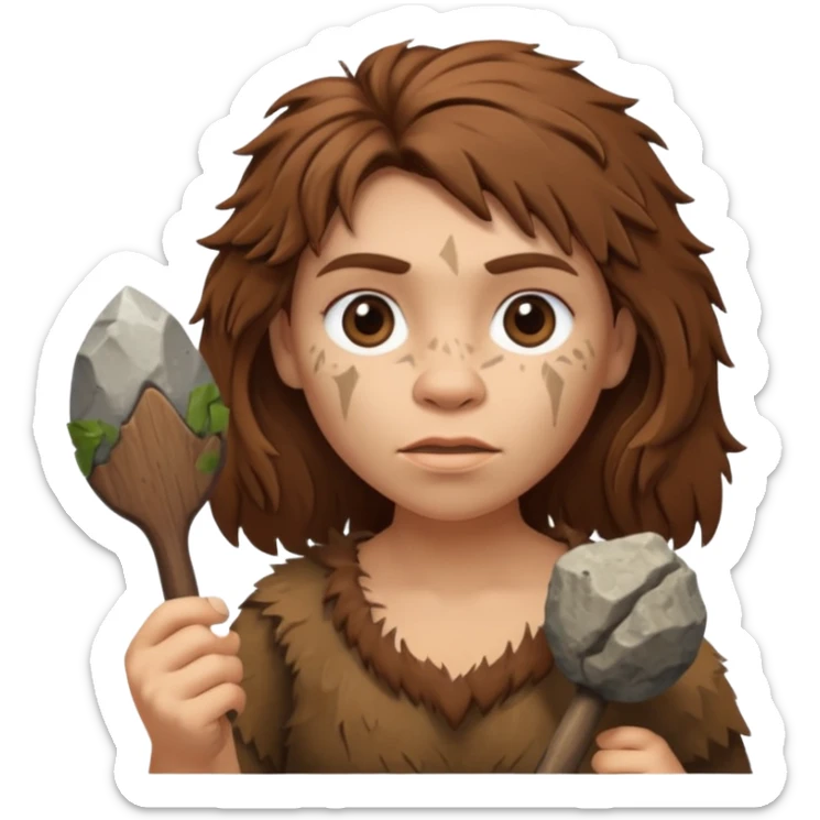 cartoon Neanderthal woman with messy hair and a stone tool sticker