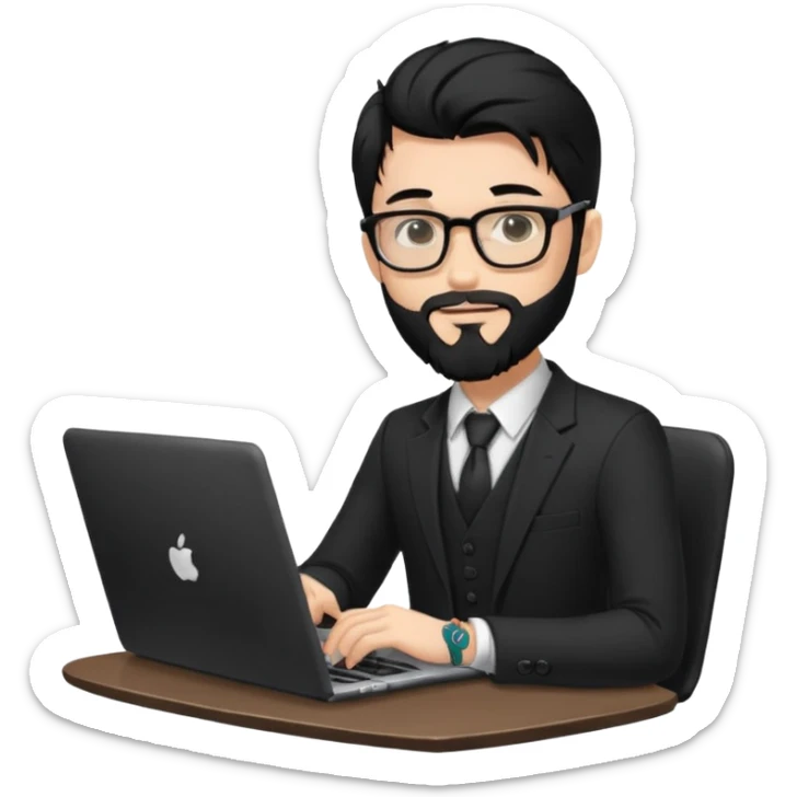 a young man with long black hair, with formal cloth, beard, wearing glasses sitting with a laptop, tattoo inyout arms sticker