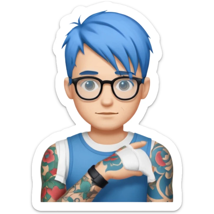 male character with blue hair, glasses, tattoo on arm sticker