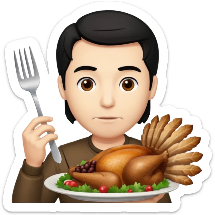 A Fatter man with black hair eating turkey sticker
