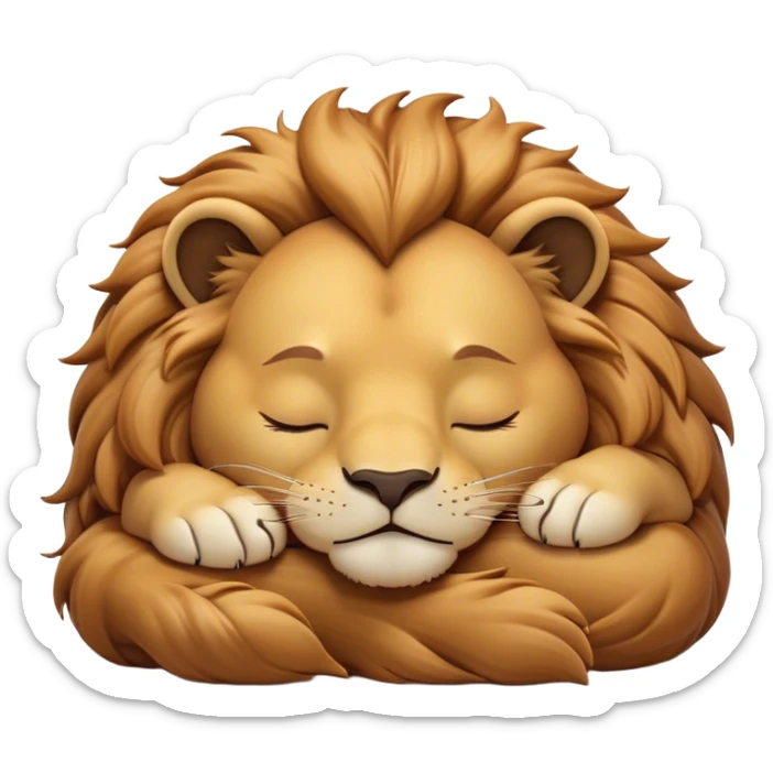 Meme-Worthy Cute Sleeping Lion Portrait Emoji, Head resting peacefully with a contented smile, showcasing a robust build and a luxuriously soft tawny Fur with a flowing mane, eyes shut in a serene, restful nap, Simplified yet hilariously adorable features, highly detailed, glowing with a soft, drowsy light, high shine, relaxed and utterly lovable, stylized with an air of playful laziness, bright and heartwarming, soft glowing outline, capturing the essence of a comically sleepy lion, so meme-worthy it feels like it could instantly become the next viral sensation of adorable slumber! sticker