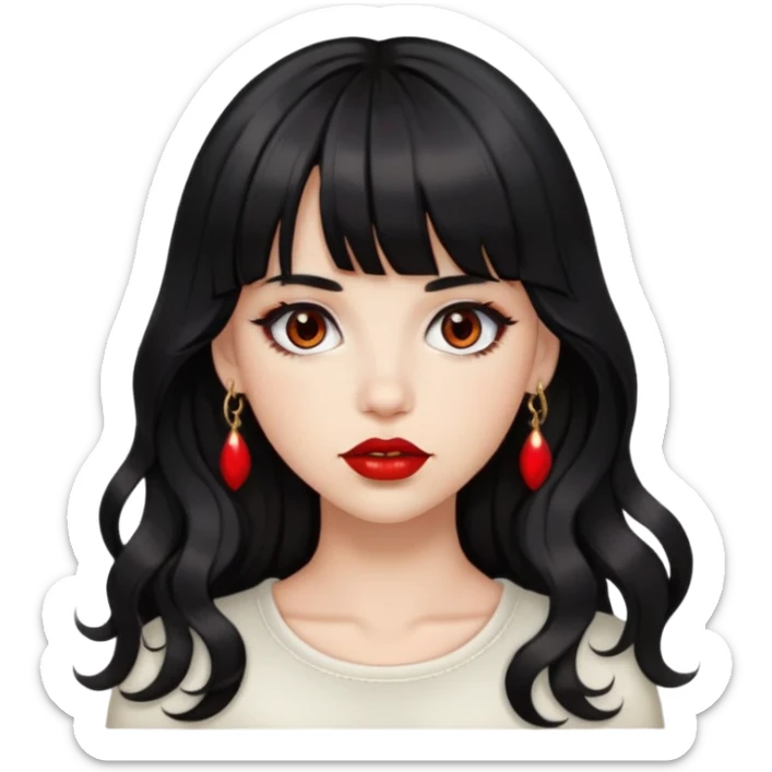 Girl with bangs and brown eyes, red lips, long wavy black hair with piercings sticker