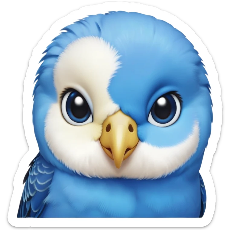 cinematic-cute-blue-budgie-portrait-emoji,-head-tilted-playfully-and-inquisitively,-featuring-a-brilliant-blue-feathered-fur-and white face-with-a-natural-sheen,-round,-sparkling-dark-eyes-filled-with-curiosity,-simplified-yet-irresistibly-adorable sticker