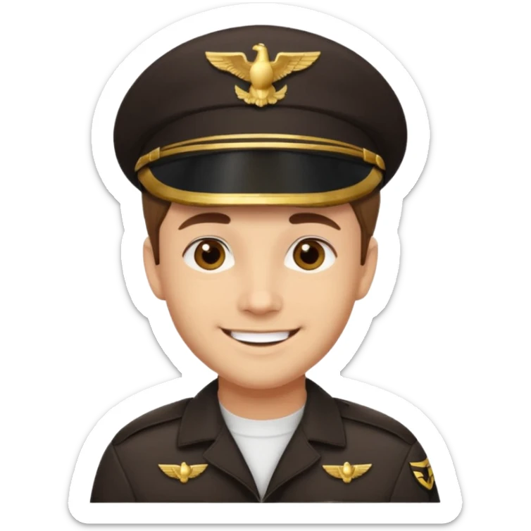 A light-skinned man with short brown hair, brown eyes, and a cheerful smile, wearing a dark pilot cap with a gold emblem. sticker