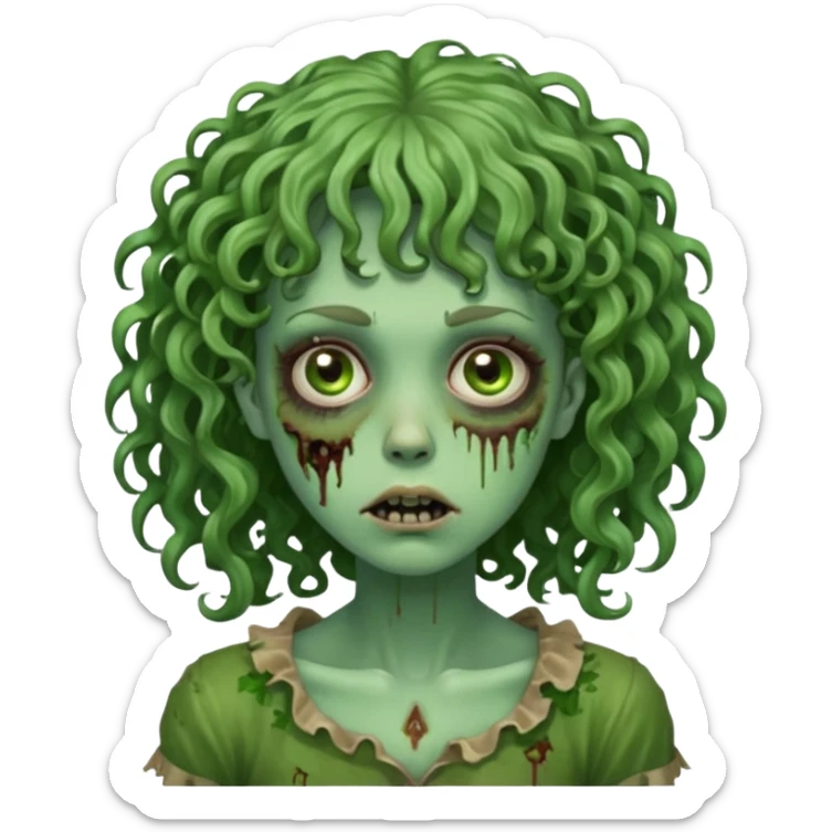 Green zombie emoji girl with curly hair, with curly bangs sticker