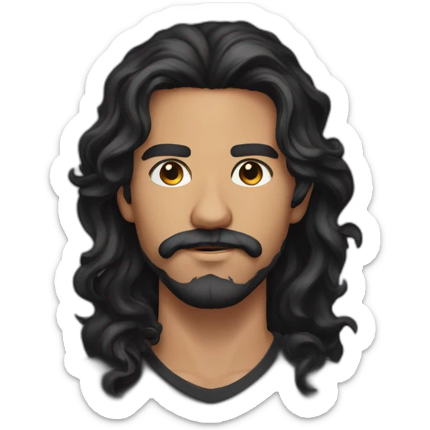 young latino man with long wavy black hair and black light beard and mustache  sticker