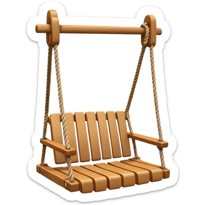 iOS-style 3D emoji: a wooden swing hanging from two ropes, suspended in mid-air, with soft shadows and glossy highlights sticker