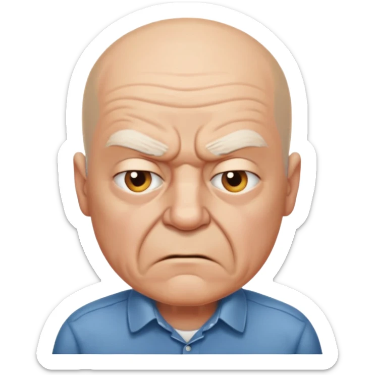 a portrait of angry elderly man, bald head, wearing shirt sticker
