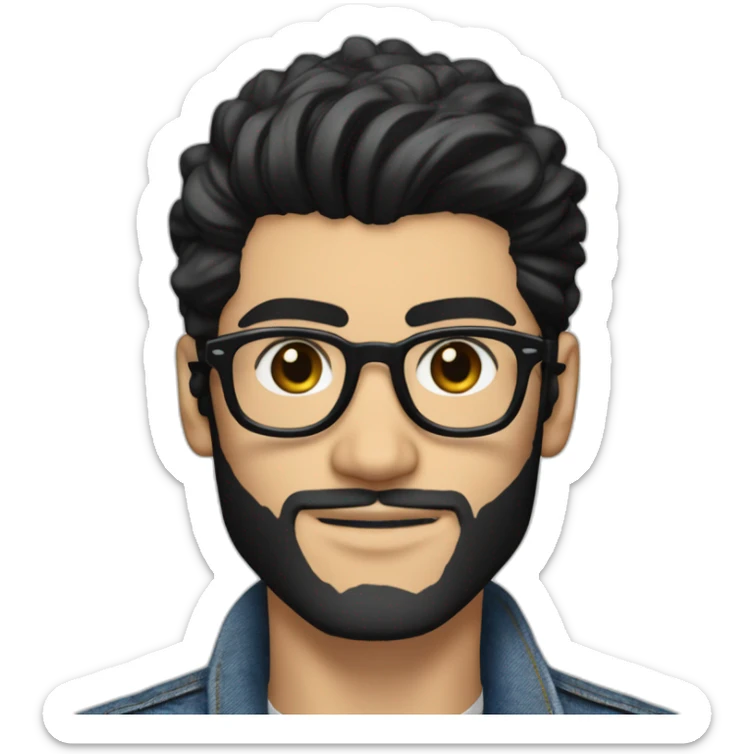 Generate an image of Zayn Malik looking effortlessly cool in a jean jacket, his black beard and hair impeccably styled, and donning a pair of trendy spectacles. sticker
