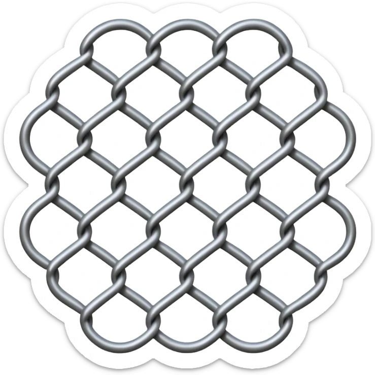 3D render of Chain Link Fence, made of interlocking chainmail metal rings, wire mesh texture, visible holes and negative space, metallic silver and grey, high contrast shadows, emoji style, isolated on white background --v 6.0. sticker