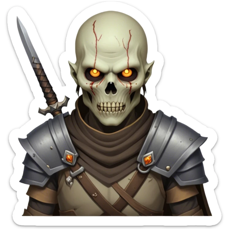 Cinematic Realistic WoW Undead Warrior Portrait, head tilted epicly and inquisitively, showcasing grim resilience and defiant strength. His withered, pallid skin and intense, glowing eyes contrast starkly with his worn, earth-toned clothes, rendered in meticulous detail. With dynamic, high-contrast lighting and high shine, this portrait exudes an epic aura, capturing the relentless will of a battle-hardened undead warrior. sticker