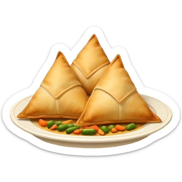 Cinematic Realistic Samosas Dish Emoji, depicted as golden, crispy pastry pockets filled with spiced vegetables rendered with detailed textures and appetizing lighting. sticker