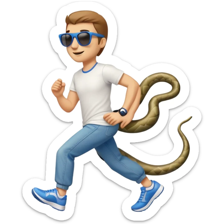 friendly anthropomorphised snake in jeans and a t-shirt, wearing dark sunglasses, jogging upright in relaxed pose sticker