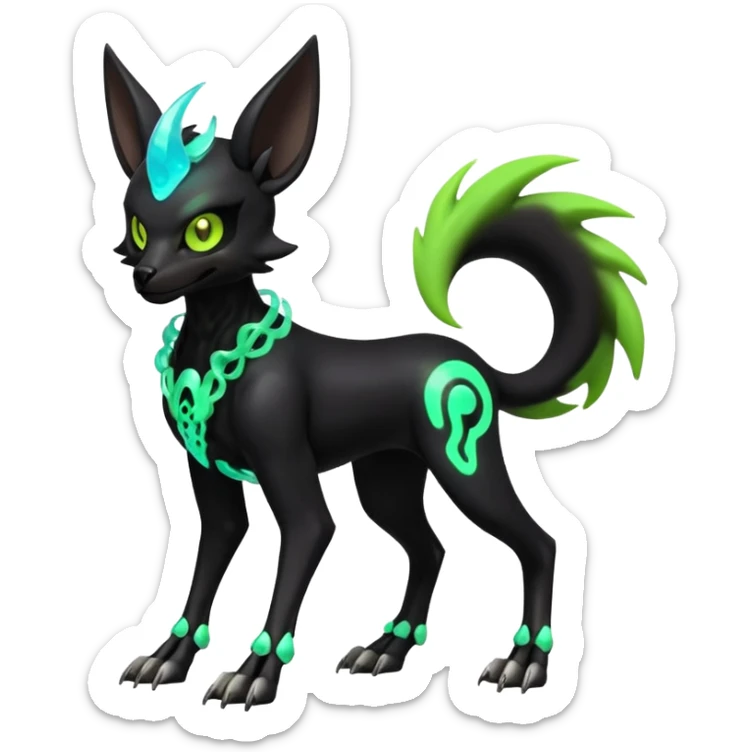 Hyper realistic slim horned skeletal black and neon green futuristic shiny colorful bioluminescent cyber-Poochyena-Zorua-Litten-Houndoom-Fakémon-Pokémon-Digimon-hybrid-fusion (full body) with a skull face sticker