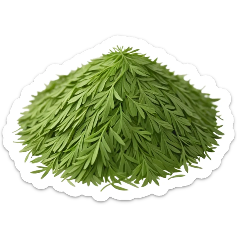 loose sprinkle of fine, feathery green herb flakes, dry airy texture, muted earthy green tones, delicate thread-like pieces, unevenly scattered, evoking dried dill leaves, soft lighting, subtle shadows, emoji scale sticker