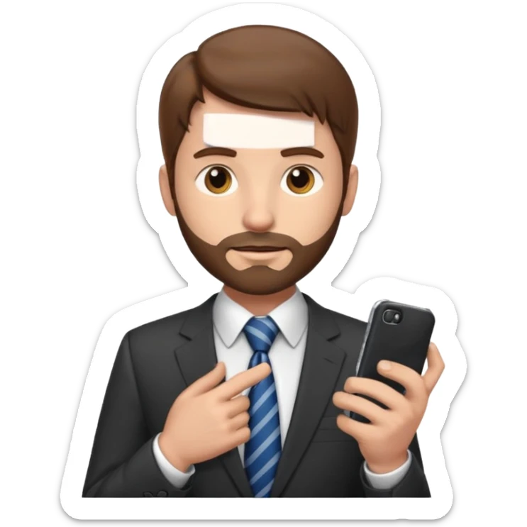 Un hombre con un poco de barba,  de traje con tez clara pelo color castaño, vestido con traje camisa y corbata y celular en mano .  sticker