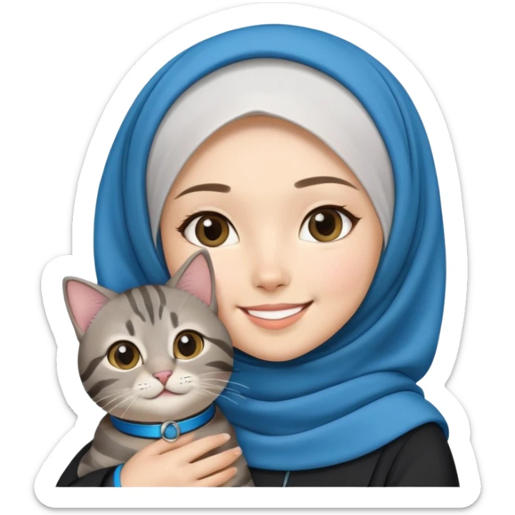 Asian White girl wearing hijab holding a black grey tabby cat while smiling. The cat is wearing a blue collar sticker