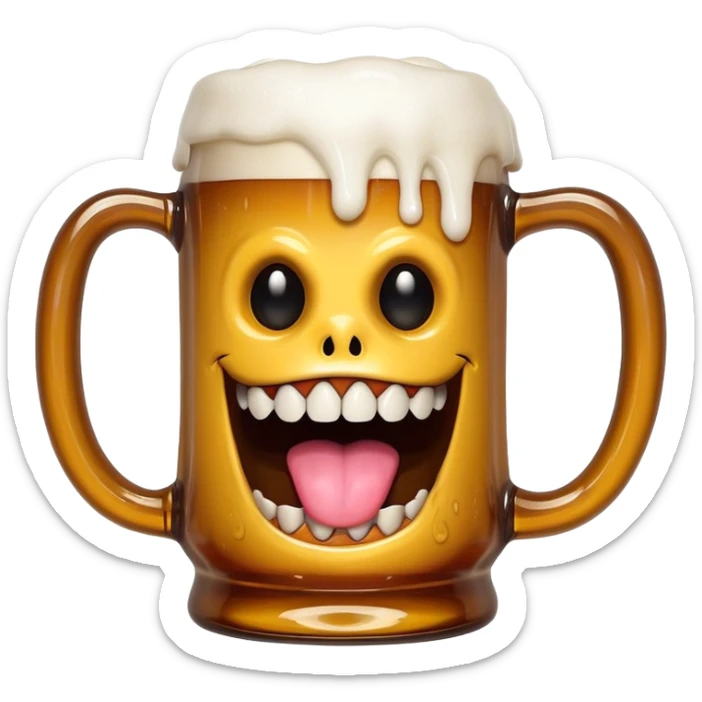 Mimic monster disguised as a beer mug with teeth and tongue, tipsy looking eyes sticker