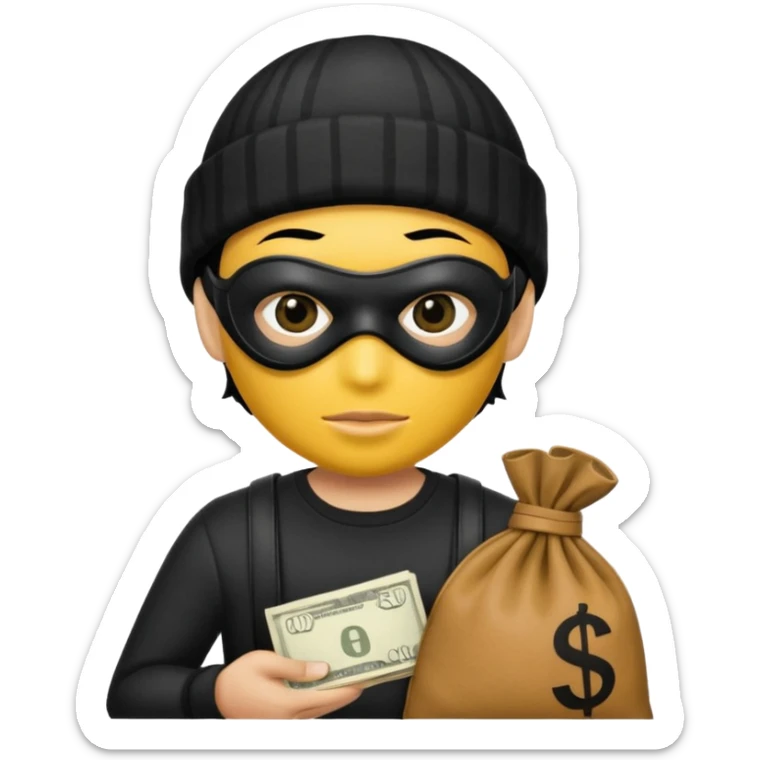 A yellow guy with a black beanie white shirt with black stripes a black mask for it's eyes and holding a money bag with yellow hair sticker