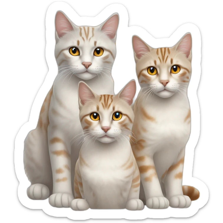 three cats sitting together, 1 lynx point with blue eyes, 1 orange and white tabby with yellow eyes, 1 all orange with orange eyes sticker