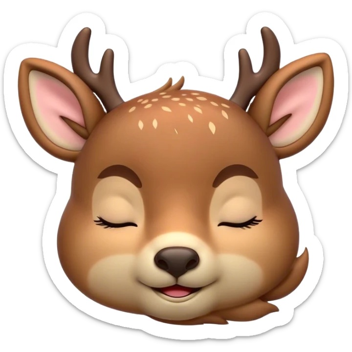 Meme-Worthy Cute Sleeping Deer Portrait Emoji, Head resting peacefully with a contented smile, showcasing a delicate, slender build and a luxuriously soft Fur, eyes shut in a serene, restful nap, Simplified yet hilariously adorable features, highly detailed, glowing with a soft, drowsy light, high shine, relaxed and utterly lovable, stylized with an air of playful laziness, bright and heartwarming, soft glowing outline, capturing the essence of a comically sleepy deer, so meme-worthy it feels like it could instantly become the next viral sensation of adorable woodland slumber! sticker