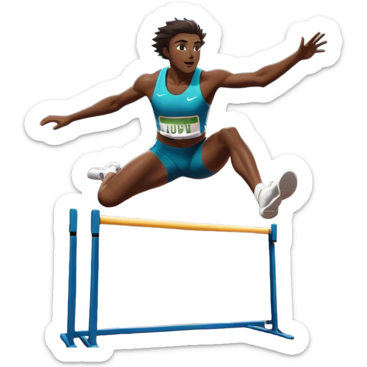 An icon of an athlete soaring over a hurdle, mid-jump, with a powerful form. The background features a vibrant stadium, with the track and hurdles in sharp focus, and a cheering crowd along the stands. The motion of the jump emphasizes speed and agility. Transparent background. sticker
