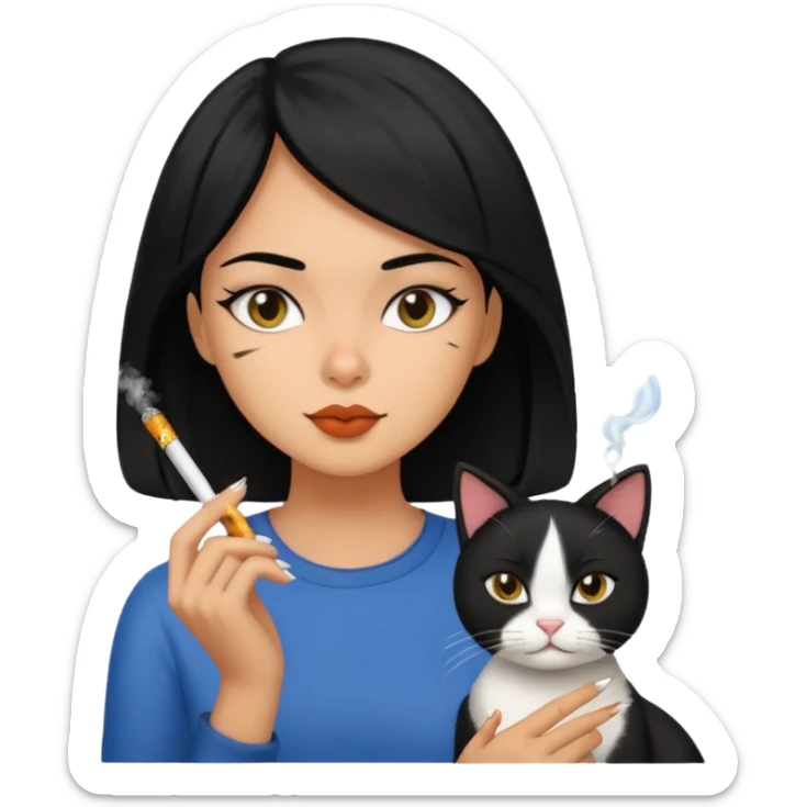 Girl with black hair and tan skin smoking with her cat sticker