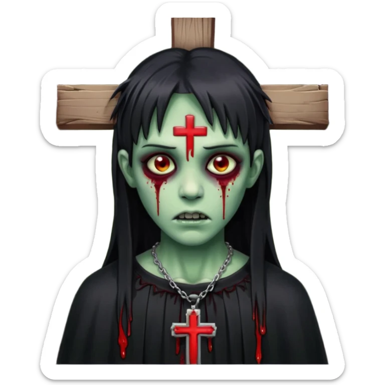 zumbi verde com olhos vermelhos sangrando e franja roupa preta e um crucifixo como colar sticker