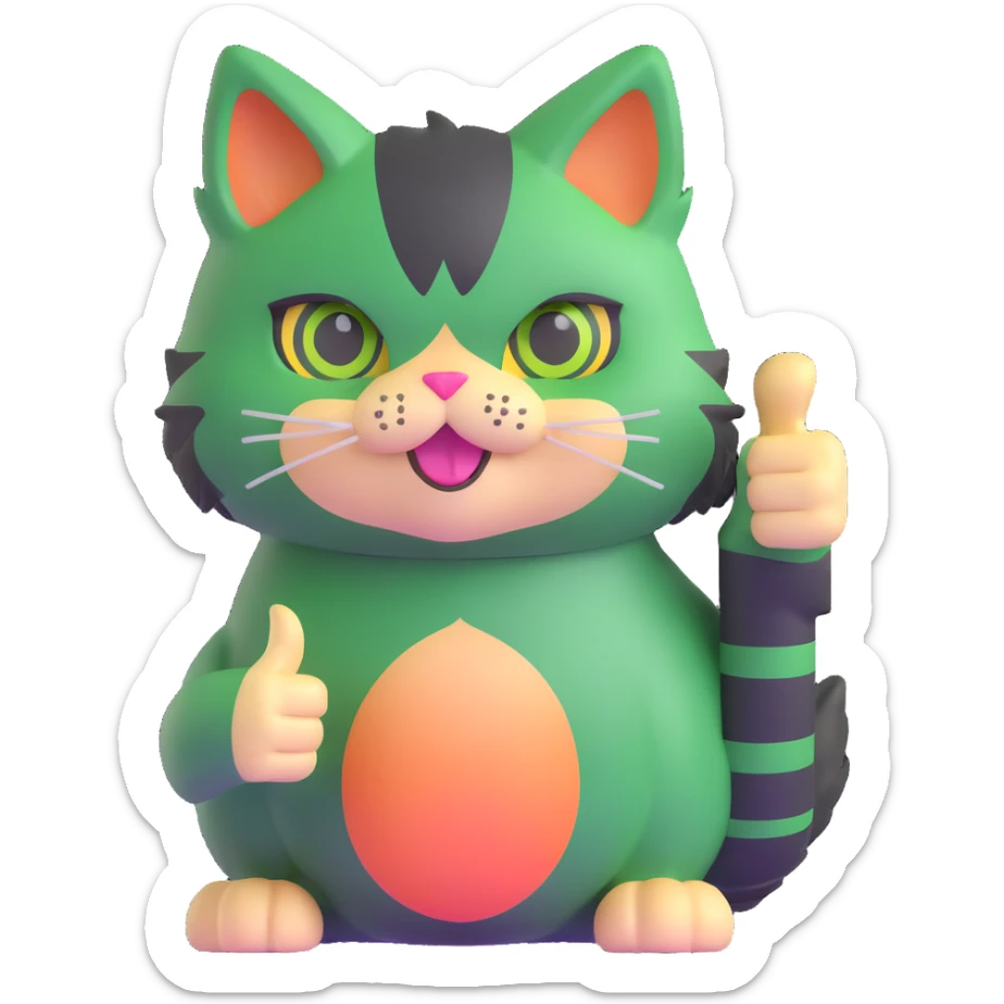 tricolor fluffy cat with big green eyes giving thumbs up sticker