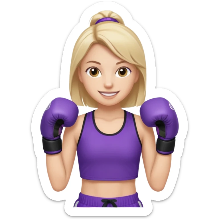 a white girl in  purple gear kickboxing smiling with a full shirt on sticker
