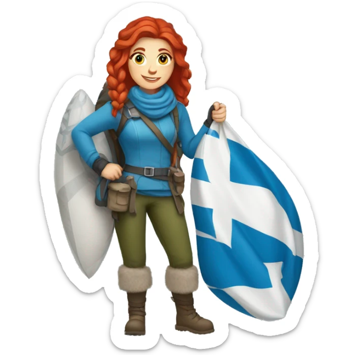 female winter mountaineer red hair holding greek flag and easter egg sticker
