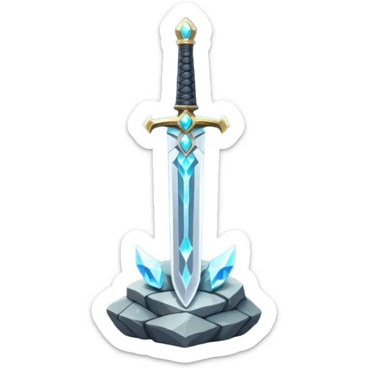 Shining silver sword with jeweled hilt, stuck in a stone, glowing aura.  sticker