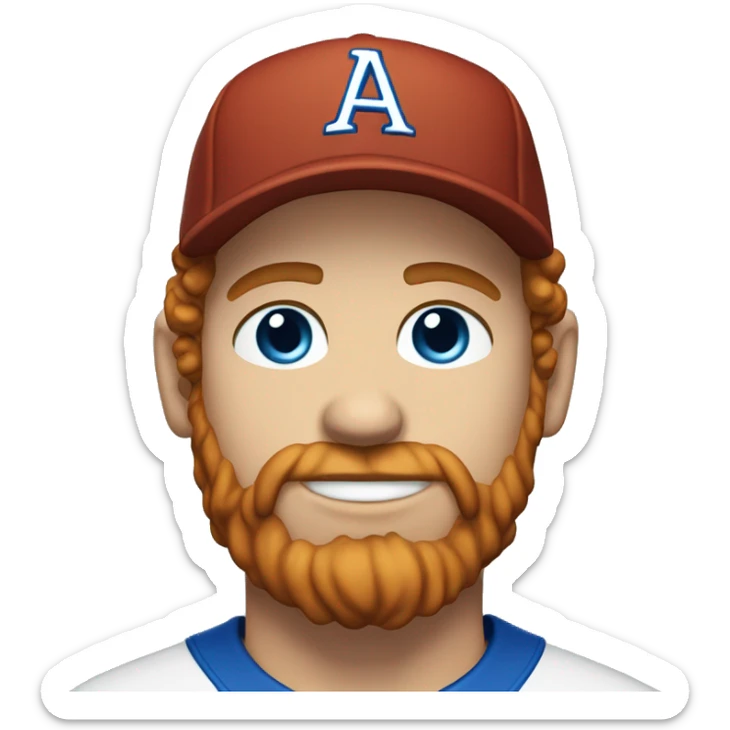 35 year old, male, short curly red hair, pale, thick beard, blue eyes, baseball hat sticker