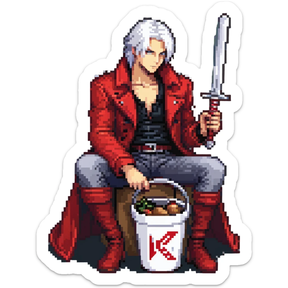 Dante from Devil May Cry sitting in a KFC bucket, red coat, white hair, rebellion sword sticker