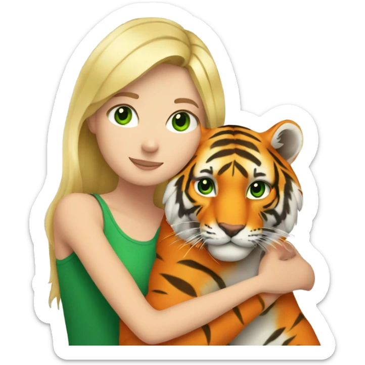 A blonde white girl with green eyes hugs an orange tiger sticker