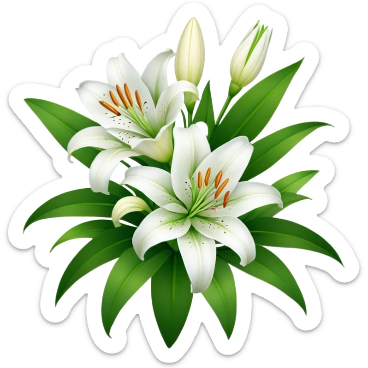 bouquet of white lily flowers with green leaves sticker